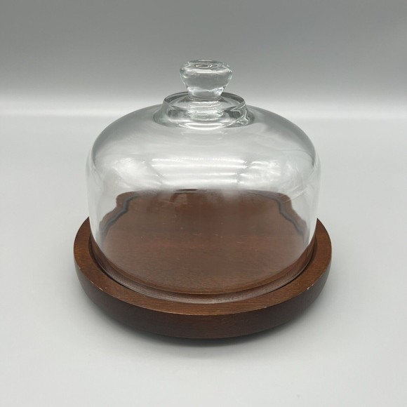 VTG Good Wood Covered Cheese Dish Plate Genuine Teak Wood Glass Dome 7.25" EUC - Picture 1 of 8